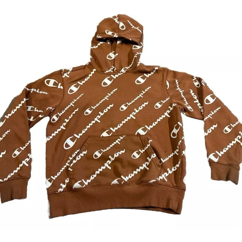 CHAMPION Burnt Orange All-Over Logo Graphic Print Fleece Hoodie Sweatshirt MED